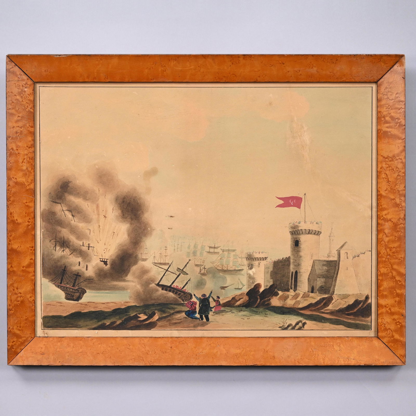 American School - Destruction of Frigate Philad.: (American School). Destruction of the Frigate Philadelphia, After 1804. Watercolor on paper, depicting the frigate burning in Tripoli harbor on February 16, 1804, (13.125 in. x 17.75 inches, sight); h