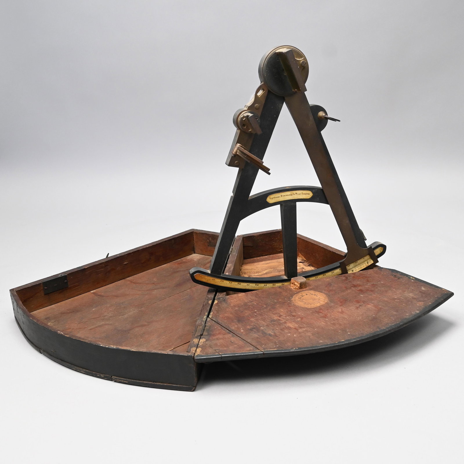 English Cased Sextant, Spencer, Browning & Rust: English Cased Brass, Ebony, Bone and Glass Sextant, Spencer, Browning & Rust, London, Early to Mid-Nineteenth Century. Index mirror, horizon mirror and three shades, engraved bone dial, marked on the