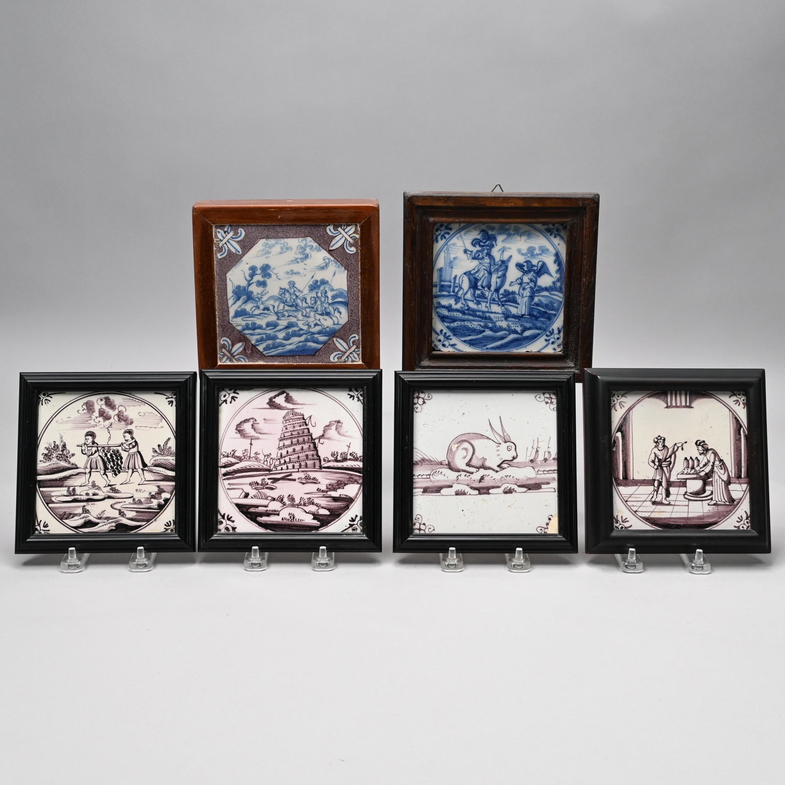 Six Dutch & English Delft Tiles,Eighteenth Century: Six Dutch and English Delft Tiles, Second Half Eighteenth Century. The first in blue and white and depicting an octagonal hunt scene within fleur-de-lis, reserved on a powdered manganese purple ground