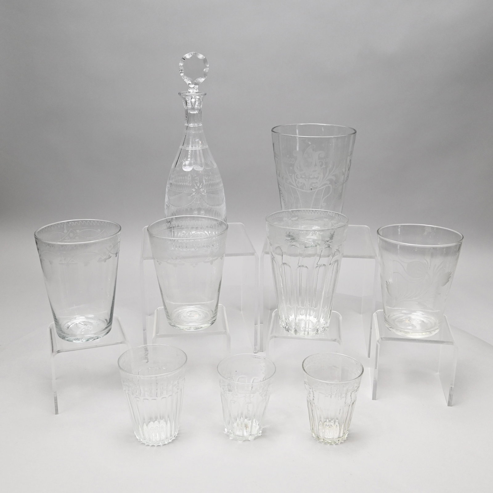 Eight Free-Blown, Engraved Flip Glasses & Decanter (1 of 20)