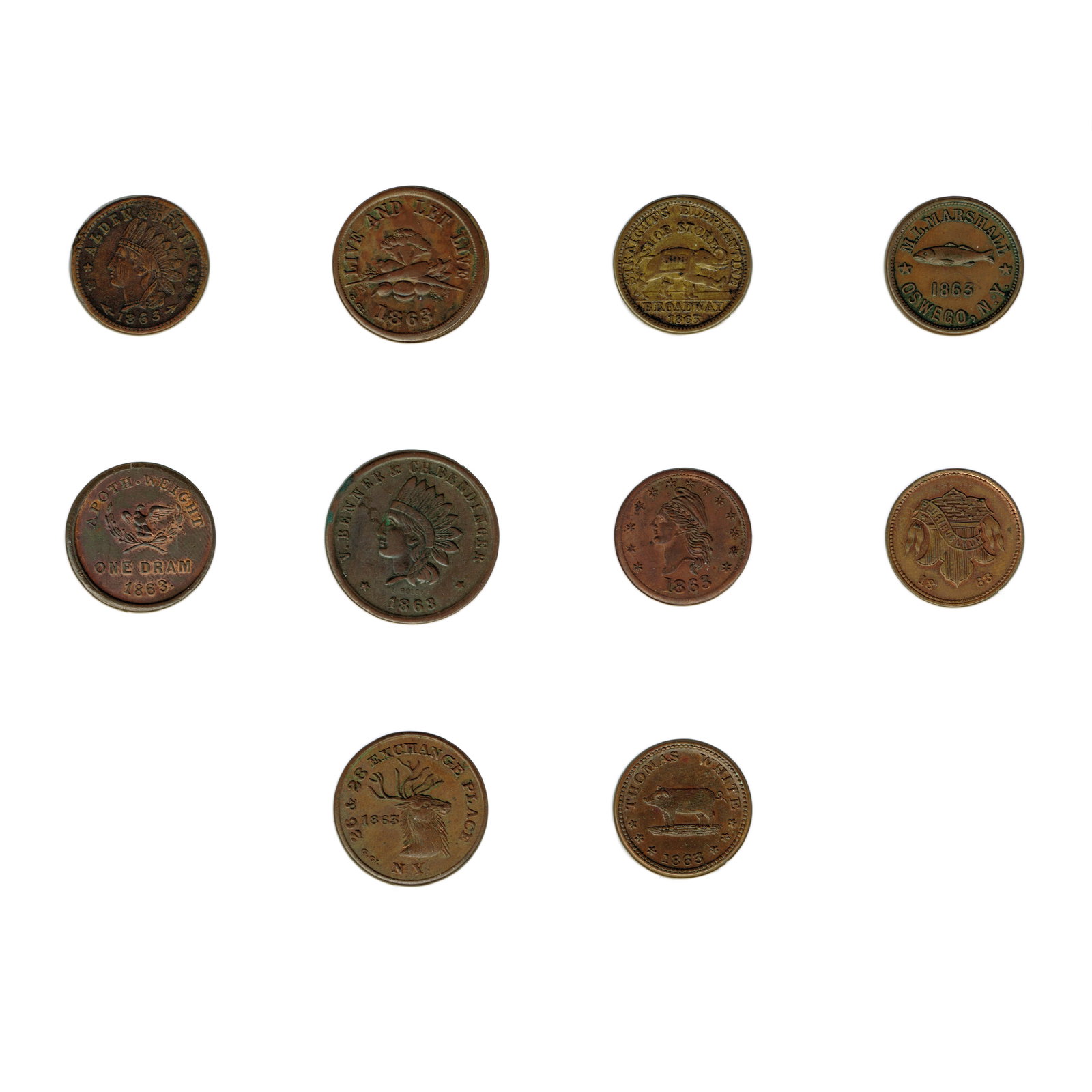 Ten 1863 New York Civil War Era Merchant's Tokens: Comprising Alden & Brink Merchants, 40 Mohawk St., Cohoes, NY; Washington Market, New York, NY, F-630CC-4A; Straight's Elephantine Shoe Store, 398 Broadway, Albany, NY, 10F-1a; M.L. Marshall, Oswego, 