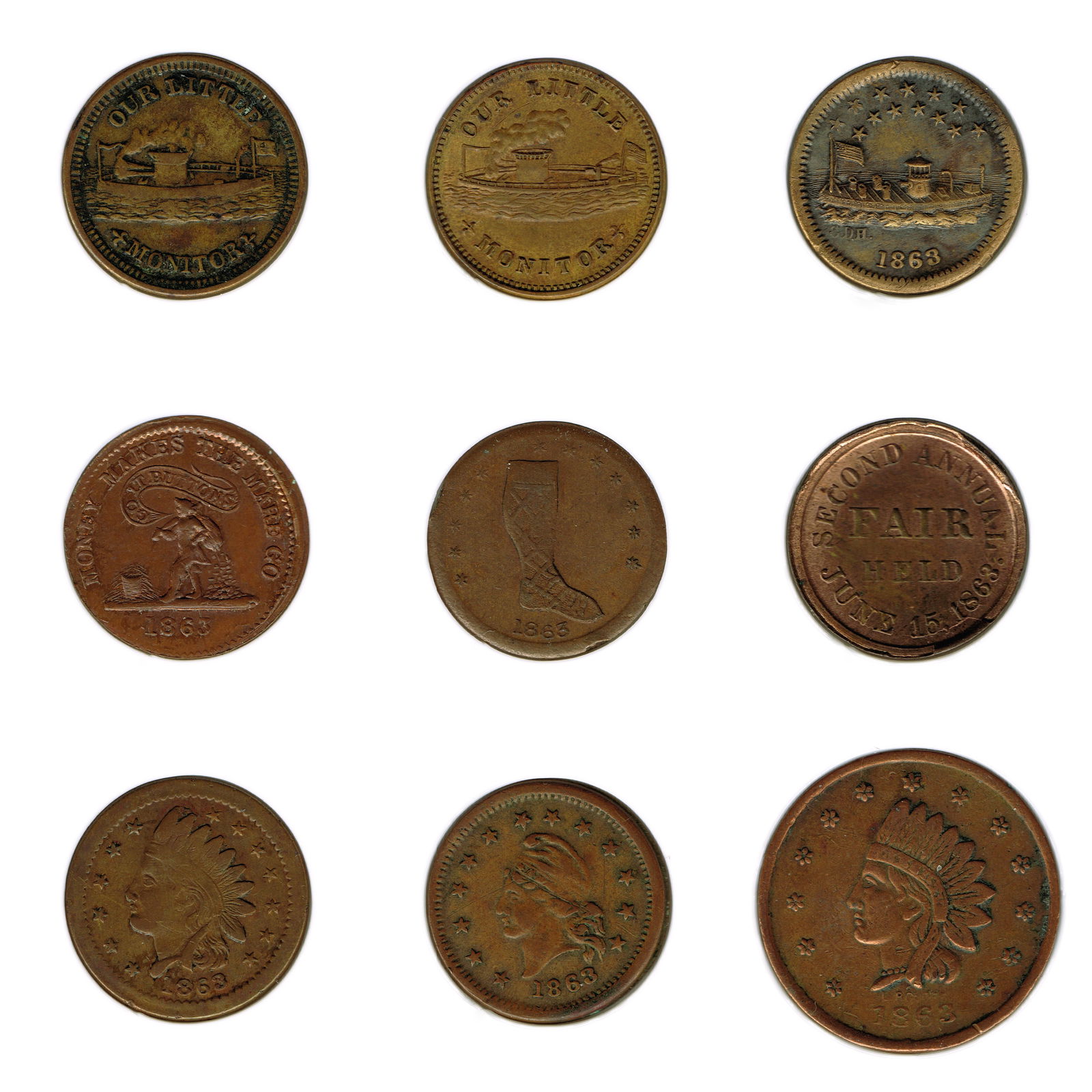 Nine 1863 Patriotic Civil War Era Tokens (1 of 2)