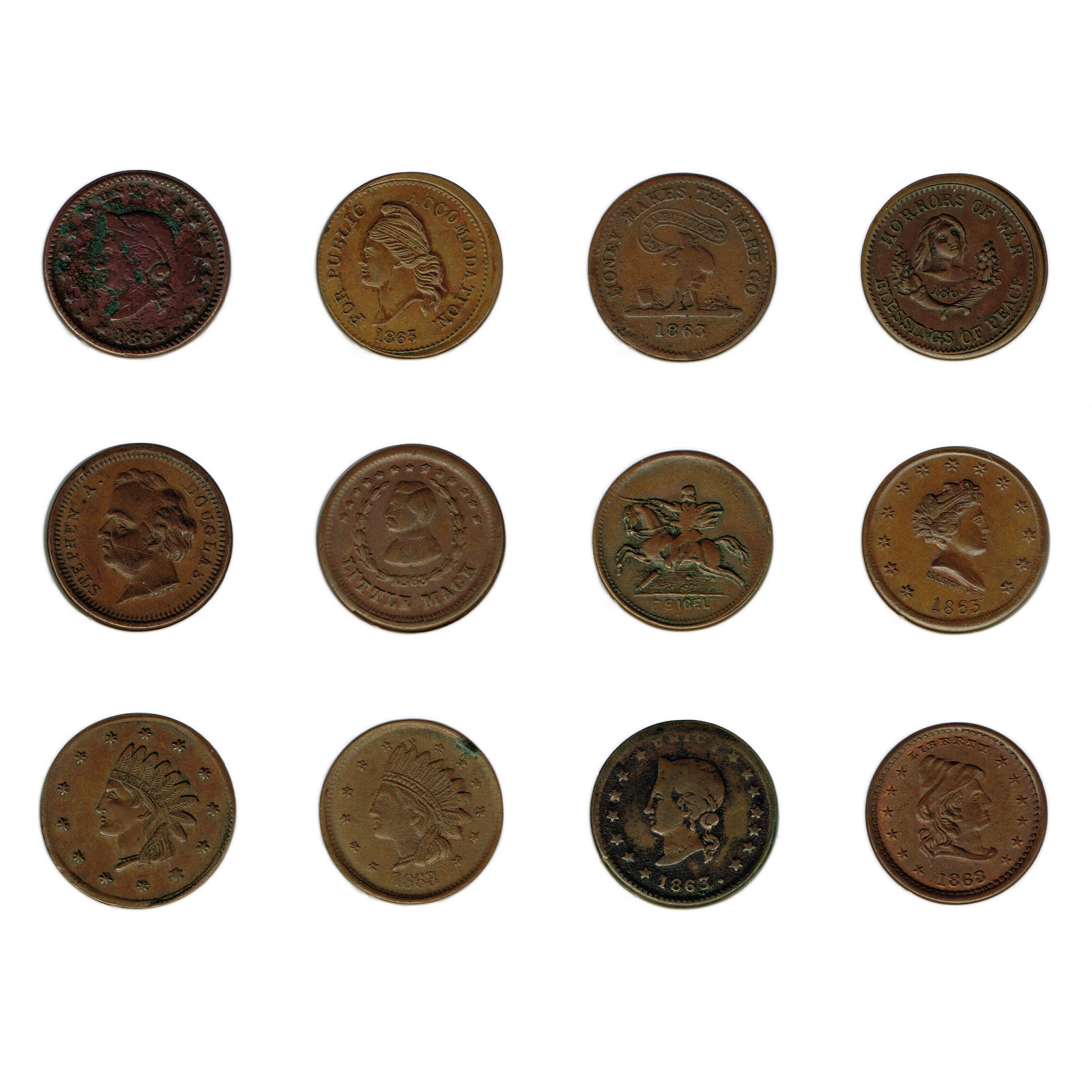 Twelve Assorted 1863 Civil War Era Tokens (1 of 13)