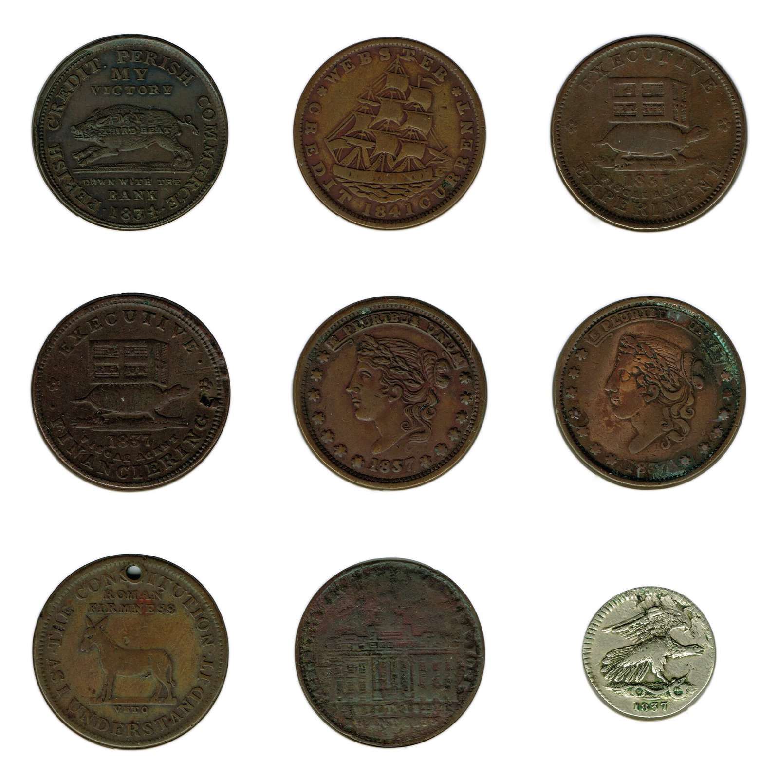 Eight Hard Times Tokens and a Feuchtwanger Cent (1 of 5)