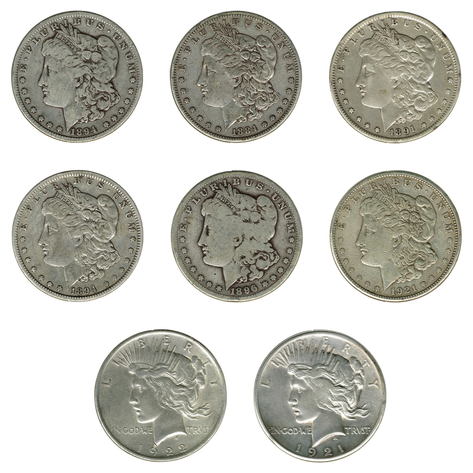 Eight US Peace and Morgan Silver Dollars (1 of 2)
