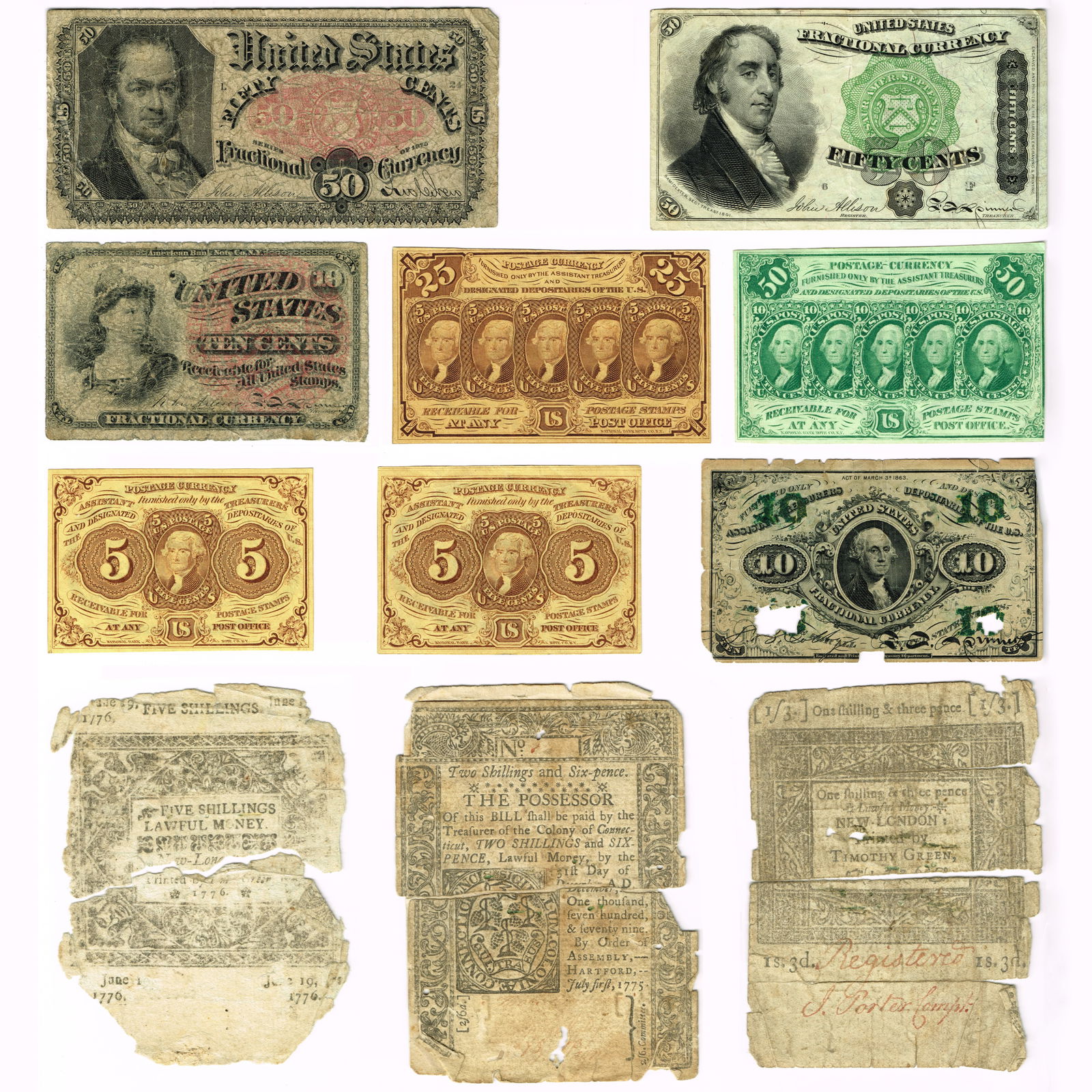 Eight Fractional Currency Notes (1 of 2)