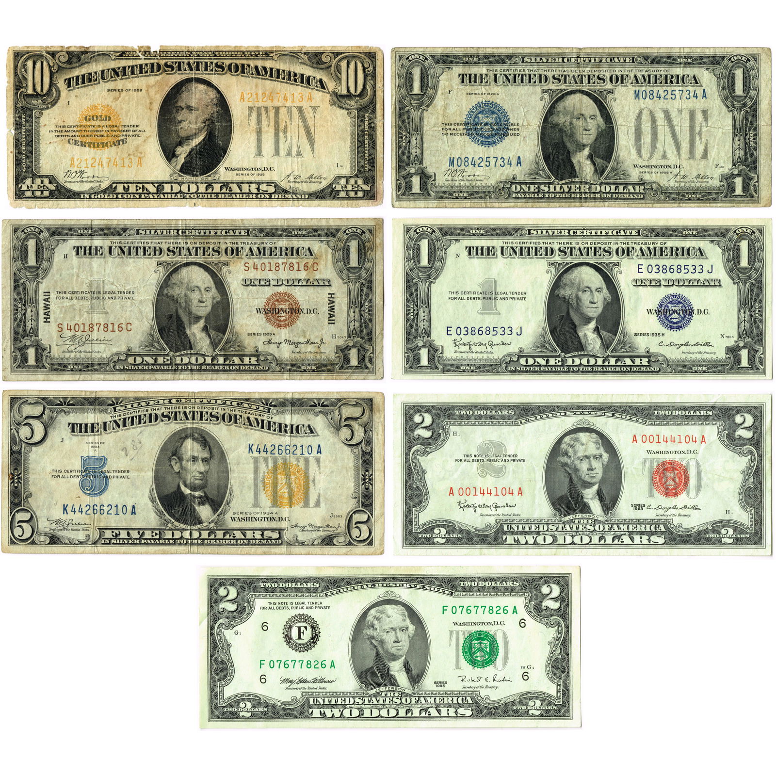 Lot of Seven US Notes, Gold & Silver Certificates (1 of 2)