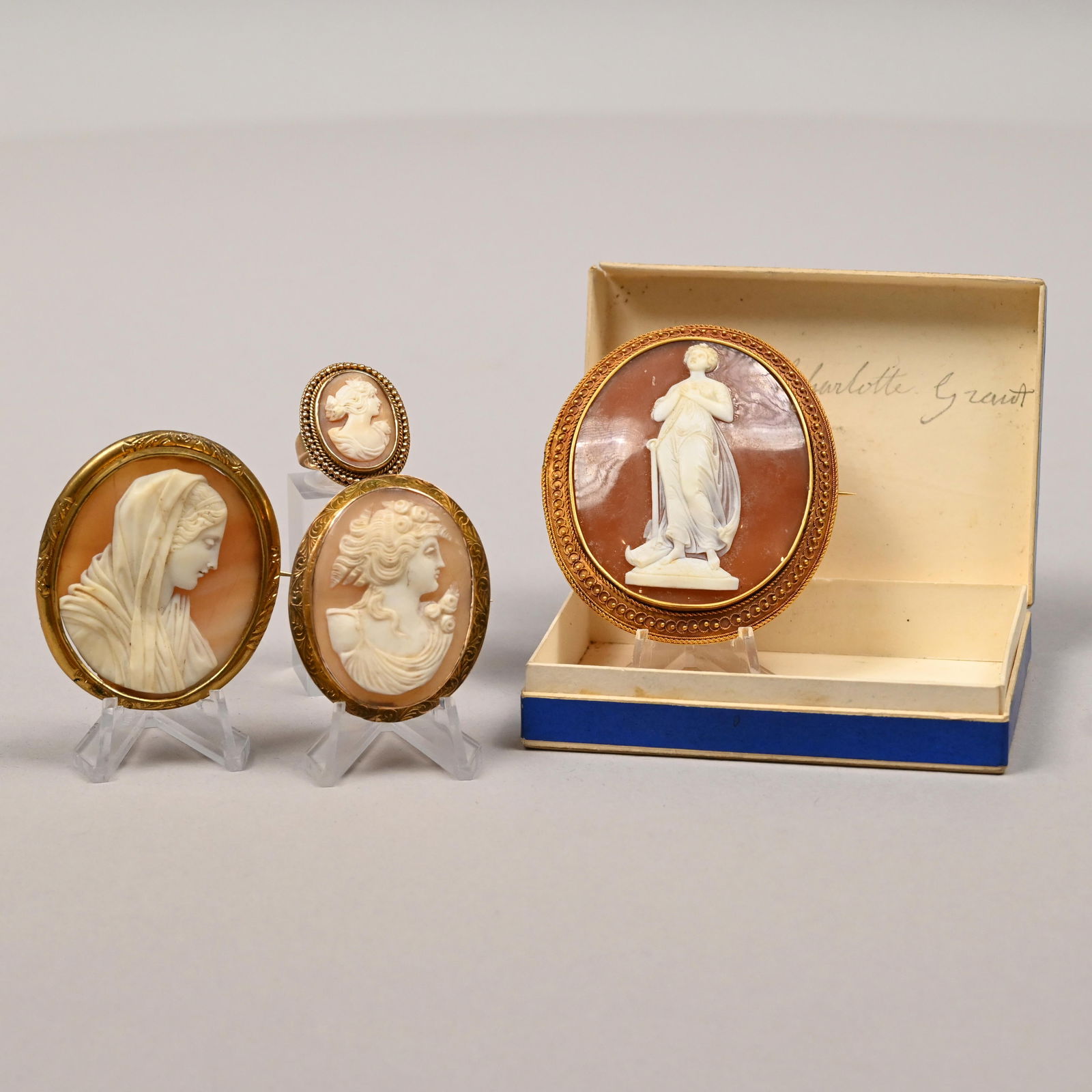 Three Gold and Carved Cameo Brooches and a Ring (1 of 12)