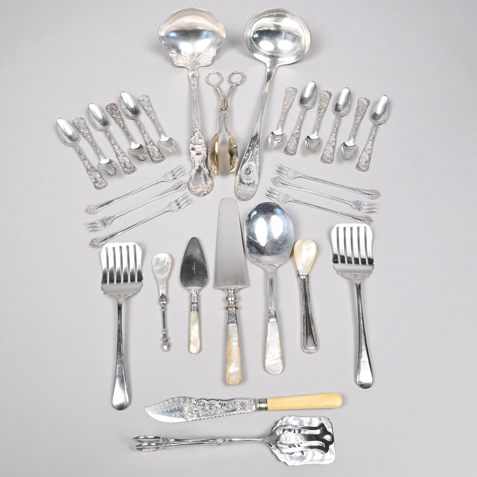 Group of American and English Silverplate Flatware: Group of American and English Silverplate Flatware, Various Makers, Nineteenth and Twentieth Century. Comprising a set of twelve 'Monarch' spoons, Rogers & Hamilton, a set of six cocktail forks, two s