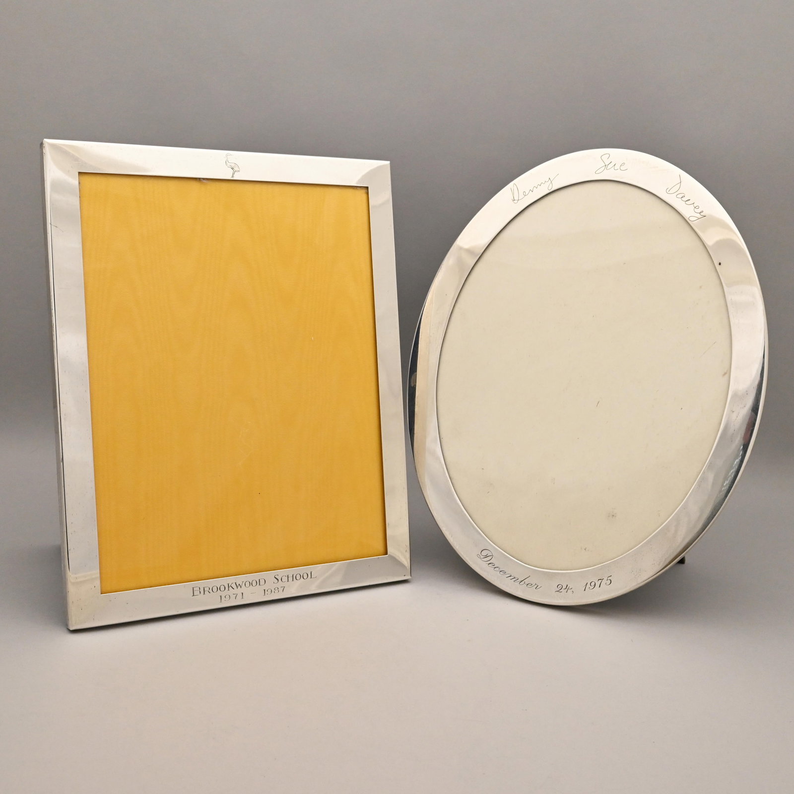 Two American Silver Picture Frames,One Tiffany &Co: Two American Sterling Silver Picture Frames, One Tiffany & Co., Late Twentieth Century. The oval Tiffany & Co. easel frame engraved at the top "Denny Sue Davey" and at the bottom "December 24, 1975,"