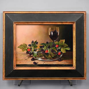 Anton Van Dalen - Still Life with Wine Glass: Anton Van Dalen (Dutch, b. 1938). Still Life, Blackberries and Raspberries with Wine Glass. Oil on board, signed lower right, (10.125 x 13.5 inches, sight). Frame: H: 16.5 in., W: 20.125 in., D: 0.75