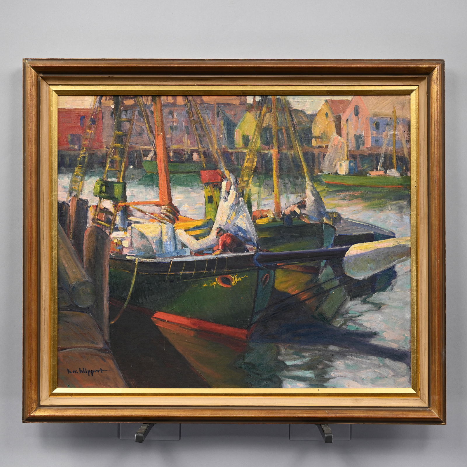 Howard W. Klippert - Mending the Sails: Howard W. Klippert (American, 1904-1985). Repairing the Sails, Circa 1938. Probably Rockport or Cape Ann, Massachusetts. Oil on artist's board, signed "h.w. klippert" lower left (20 x 24 inches). Fram