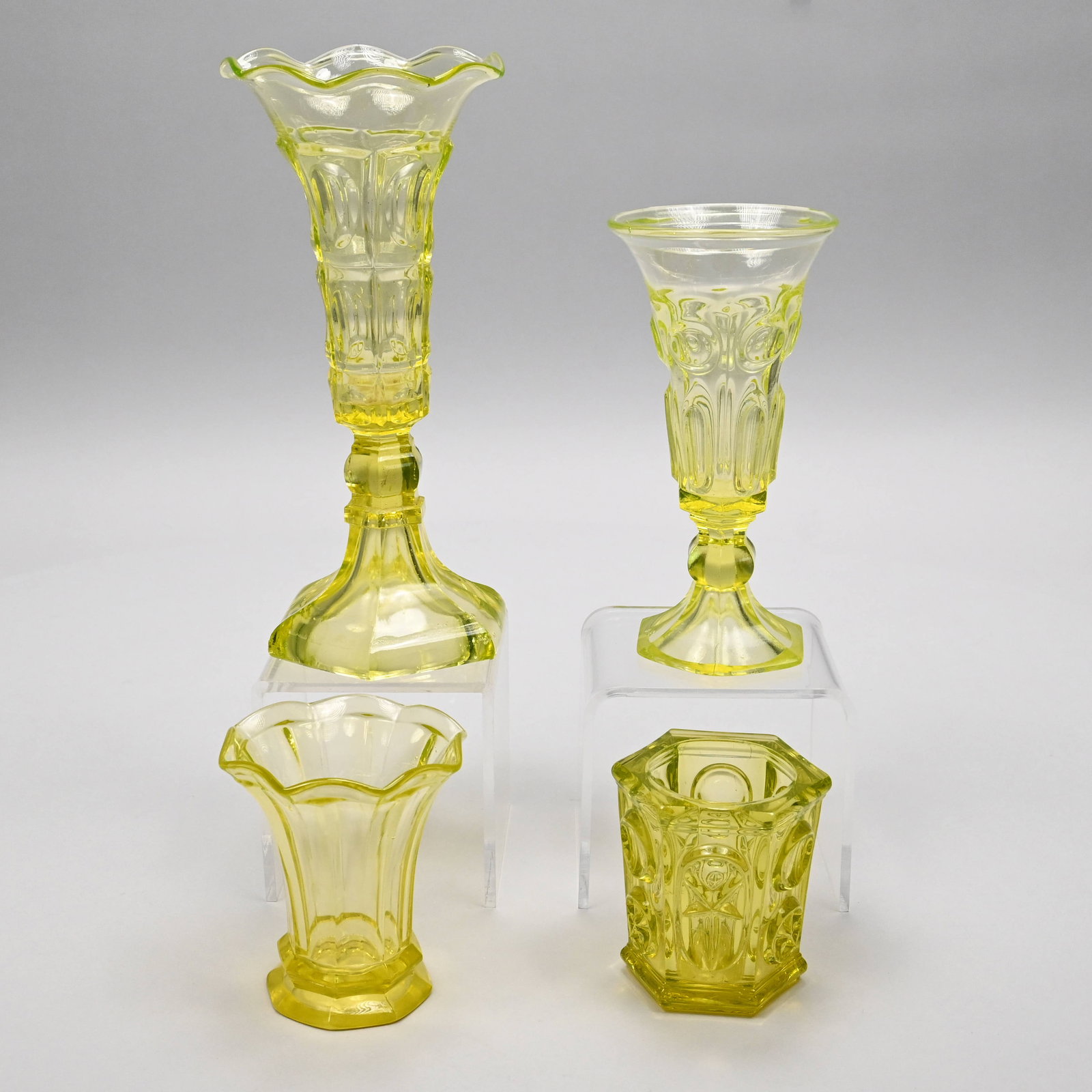 Three New England Yellow Glass Vases & a Bottle (1 of 11)