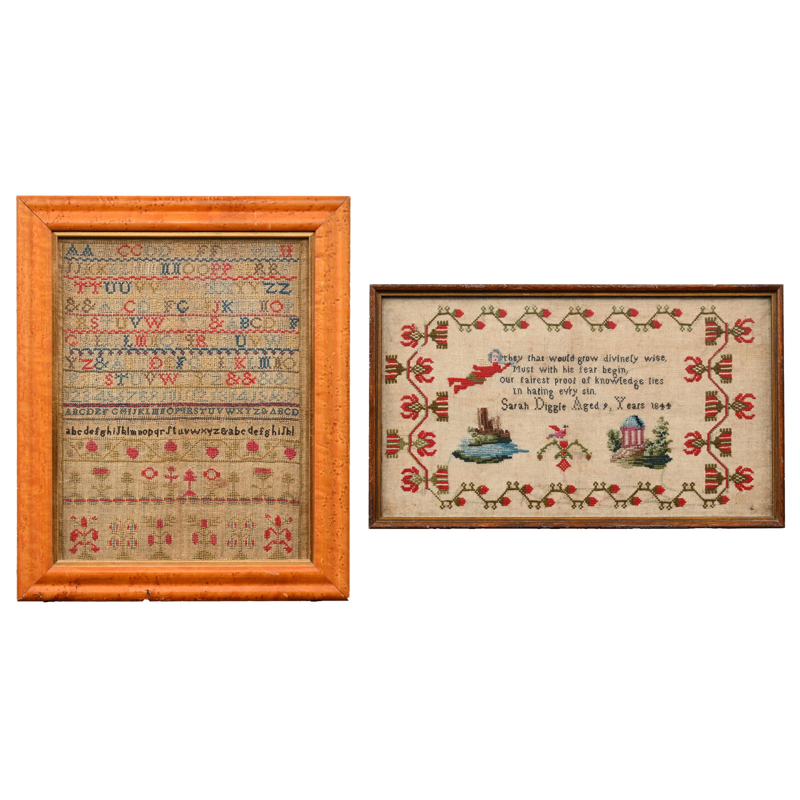 Two Needlework Samplers, Nineteenth Century: Two Needlework Samplers, Nineteenth Century. The first worked with ten rows of the alphabet and one row of numbers, a row with a strawberry vine and two rows of flowering plants; housed in a bird's-ey