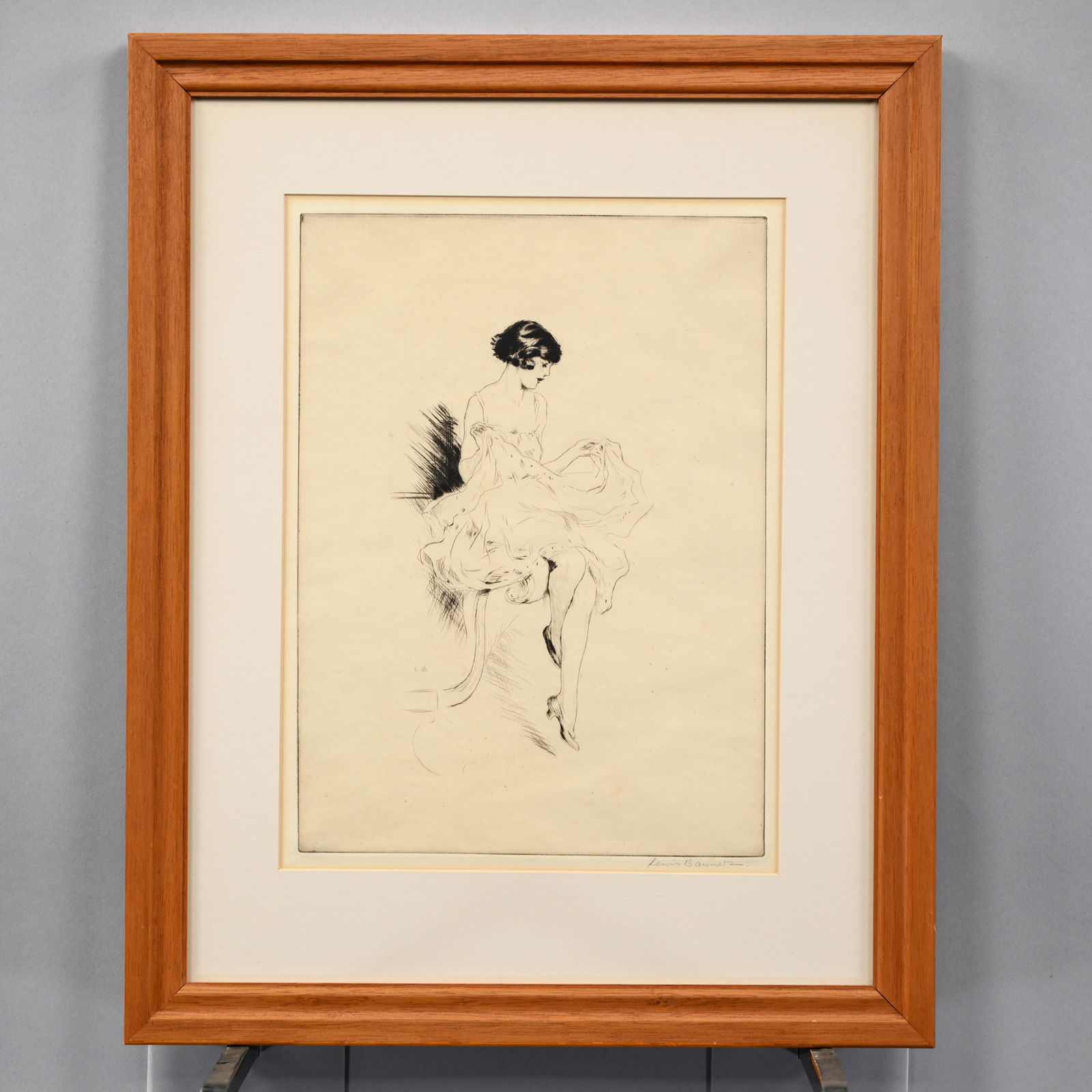 Lewis Christian Edward Baumer - Checking Her Skirt: Lewis Christian Edward Baumer (British, 1870-1963). Checking Her Skirt. Etching, signed "L.B." lower left, and "Lewis Baumer" in pencil in the plate lower right, (13.5 x 10 inches, plate). Frame: H: 2