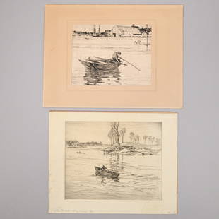 Charles Herbert Woodbury - "The Dory" & Fishing: Charles Herbert Woodbury (American, 1864-1940). Two Etchings. Comprising "The Dory," signed in pencil under the plate lower left, and "A91, Plate 175, The Dory, 16/150," (plate 8.75 x 10.875 inches);