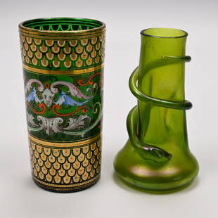 Art Glass Enamelled Vase and a Loetz Glass Vase: Art Glass Enamelled Glass Vase, Attributed to J. & L. Lobmeyr, Vienna, Late Nineteenth Century; and a Loetz Glass 'Snake' Vase, Klostermuhle, Austria, Circa 1900. The first in emerald green glass, sur