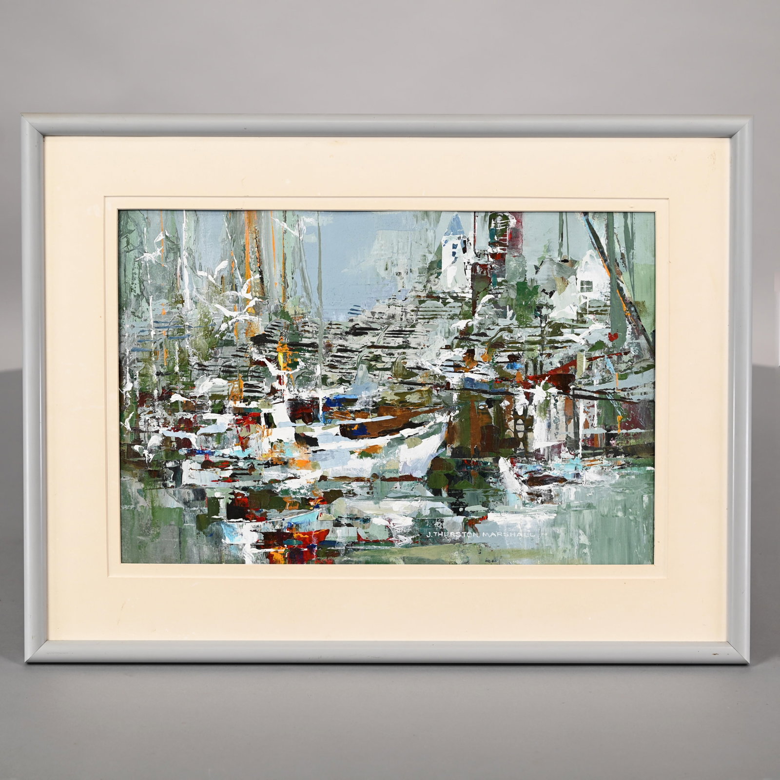 J. Thurston Marshall - Harbor: J. Thurston Marshall (Massachusetts, 1908-1982). Harbor (Possibly Rockport). Acrylic on board, signed "J. THURSTON MARSHALL" right of center, (13.75 x 20.75 inches, sight). Frame: H: 21.375 in., W: 28
