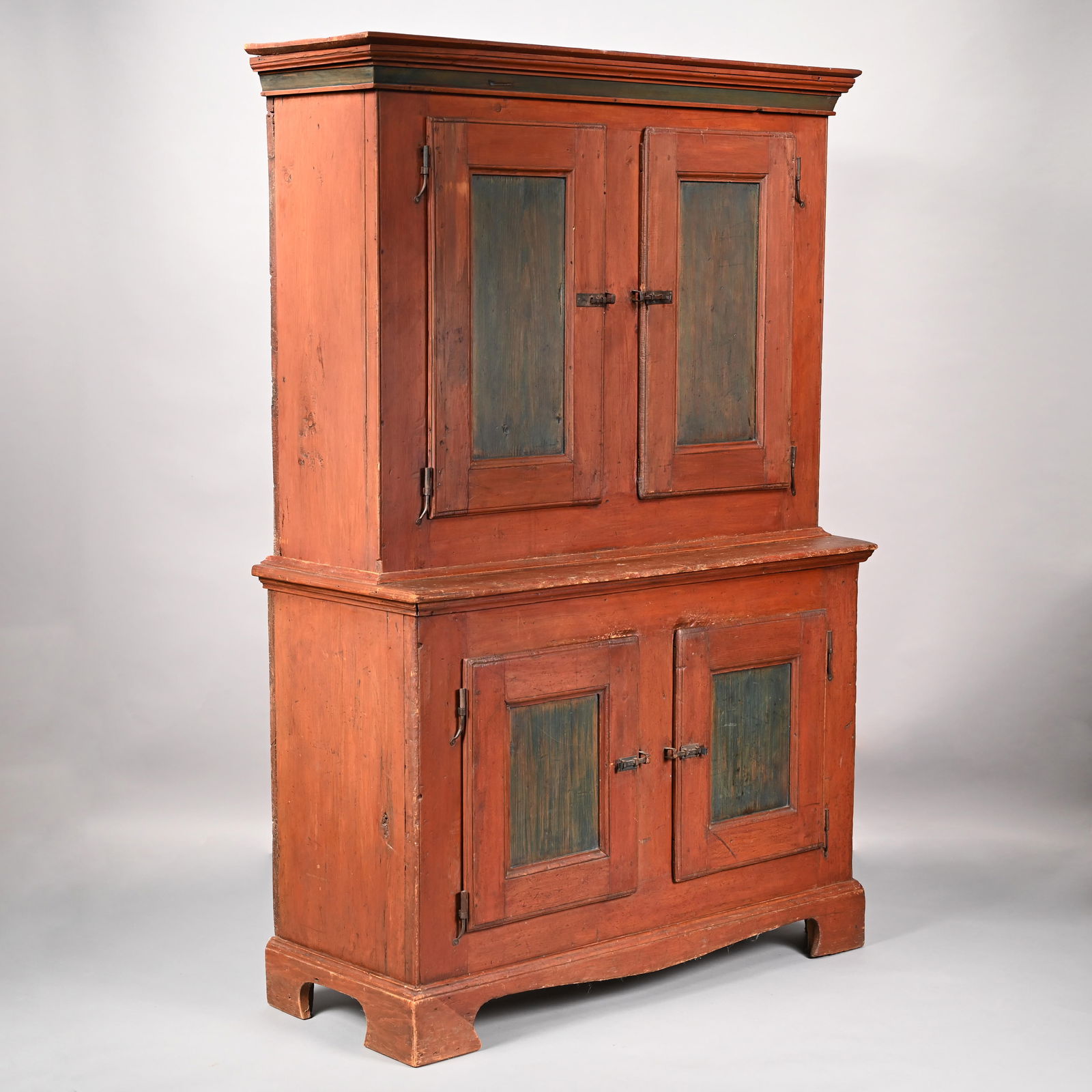 Pine Step-Back Cupboard in Red and Blue Paint (1 of 7)