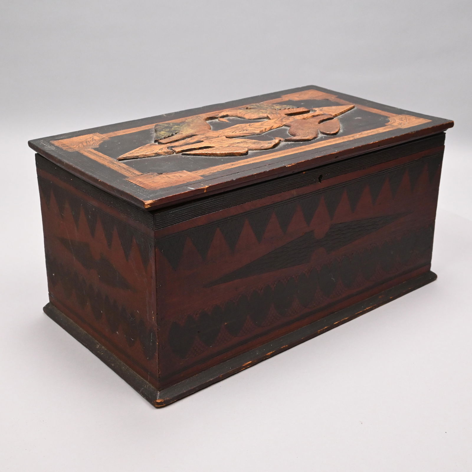Folk Art Carved and Painted Pine Box in Red Paint (1 of 7)