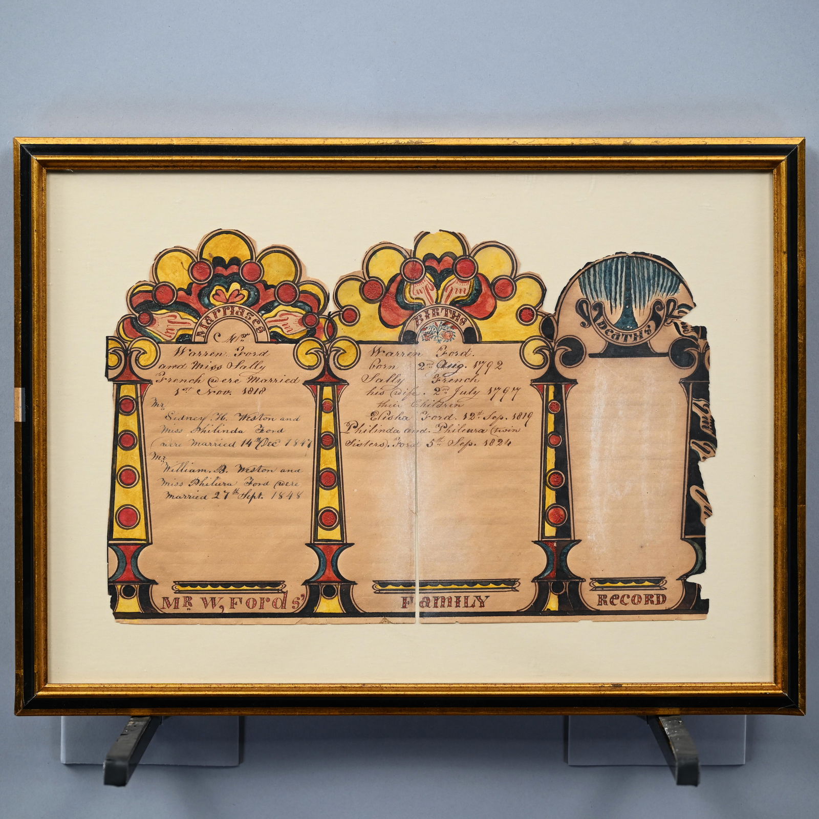 Mr. Ford's Family Record, Vermont Folk Art Fraktur: "Mr. W. Ford's Family Record," Vermont Folk Art Marriage, Birth and Death Fraktur, After 1848. Watercolor and ink on paper, divided by columns and surmounted over the first two panels by lollipop lune