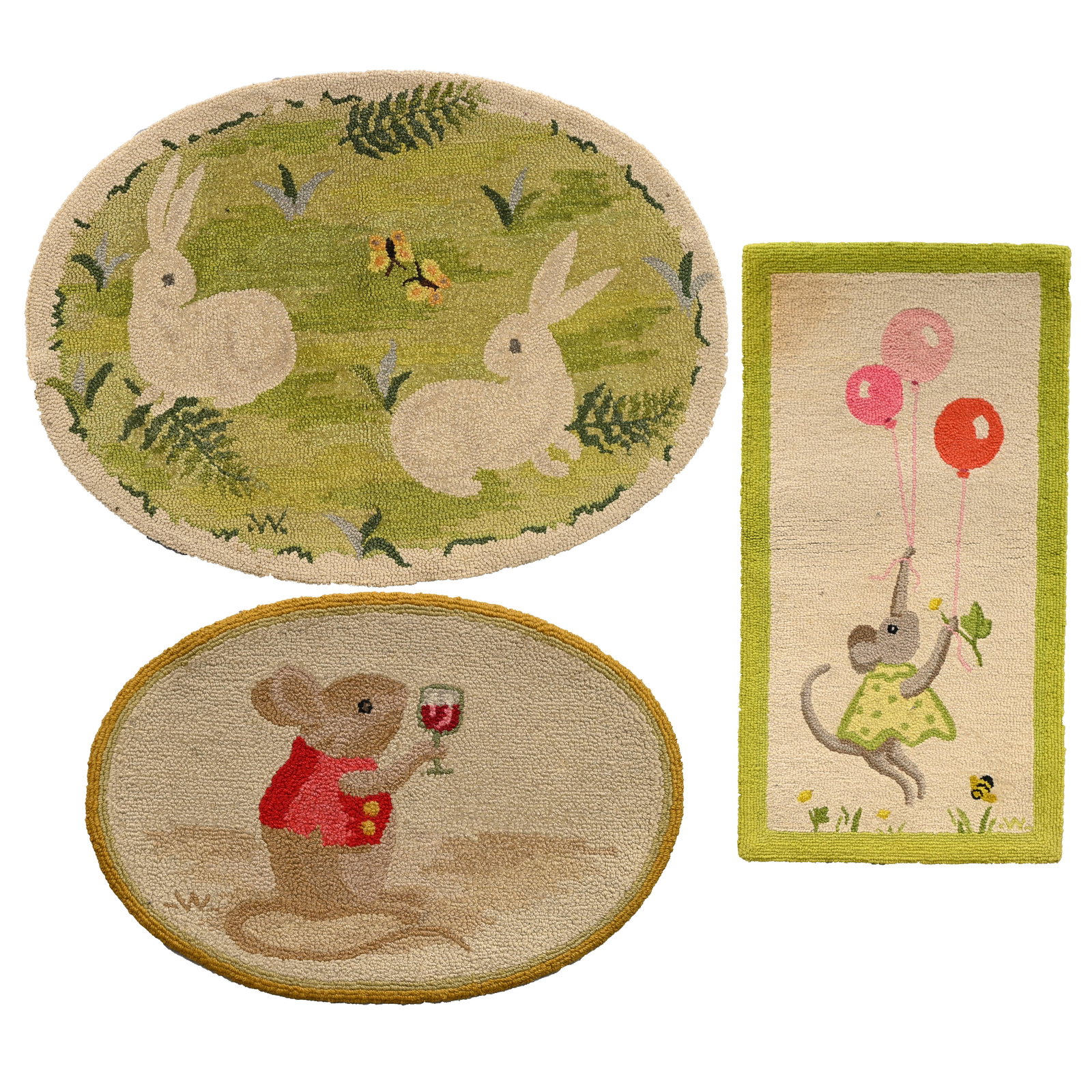 Three Folk Art Hooked Rugs, George Wells Ruggery: Three New York Folk Art Hooked Rugs, George Wells Ruggery, Glen Head, Long Island, New York, Mid-Twentieth Century. Comprising an oval rug depicting a mouse holding a wine glass; an oval rug depicting