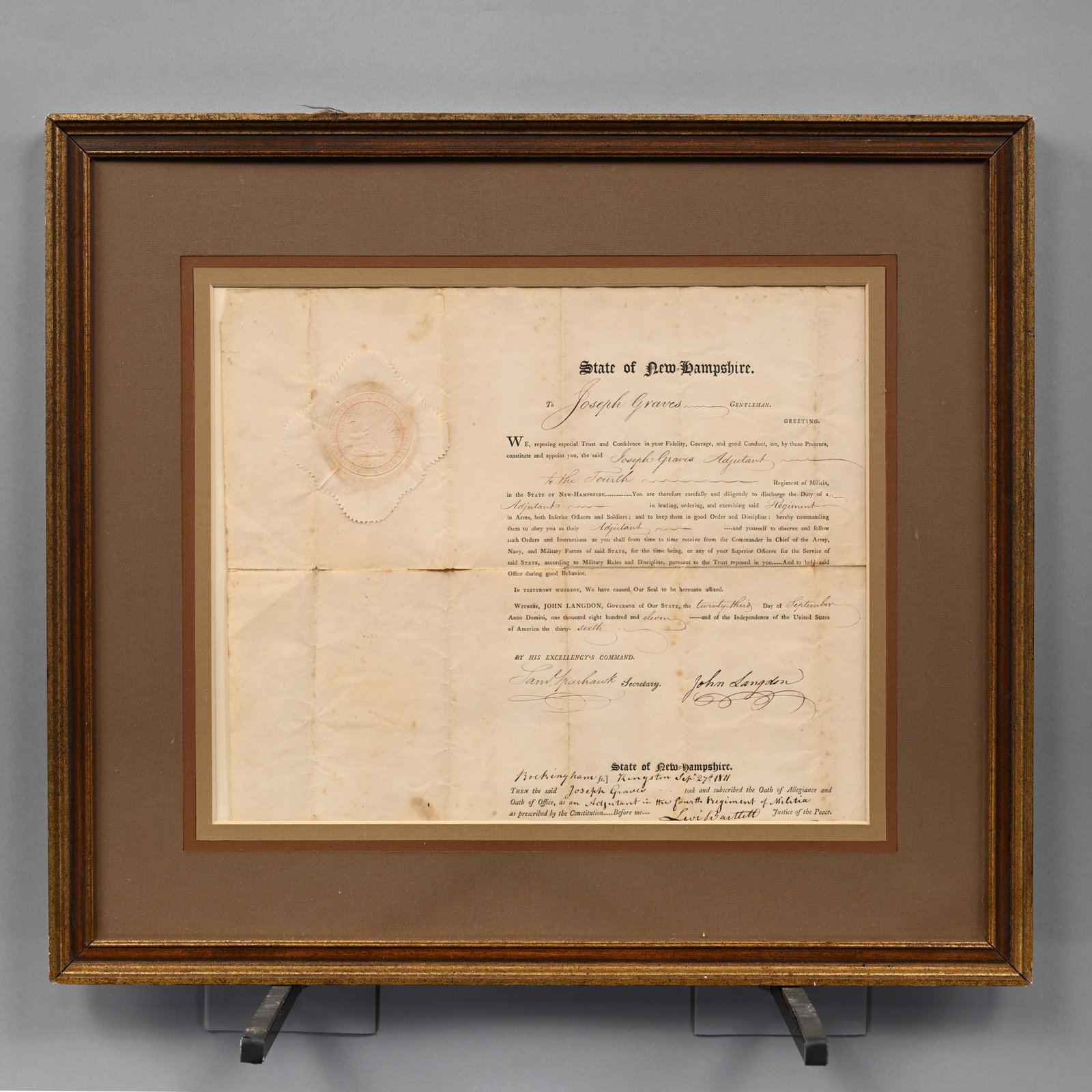 Joseph Graves' New Hampshire Militia Appointment: Joseph Graves' New Hampshire "Adjutant to the Fourth Regiment of Militia" Appointment, September 27, 1811. Signed "Rockingham Kingston Sep.t 27th 1811," by "Sam Sparhawk," Secretary, "John Langdon," G