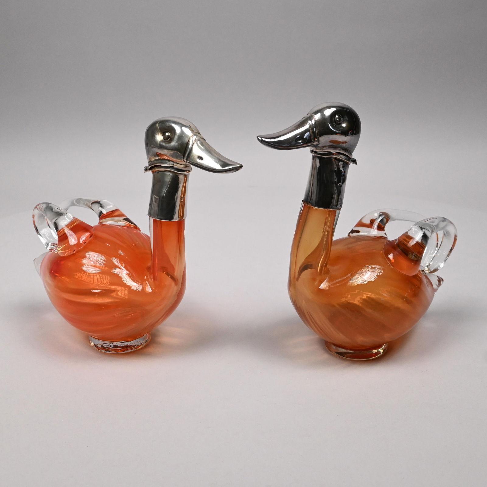 Pair Uri Bloch Glass Silver-Mounted Duck Decanters (1 of 12)