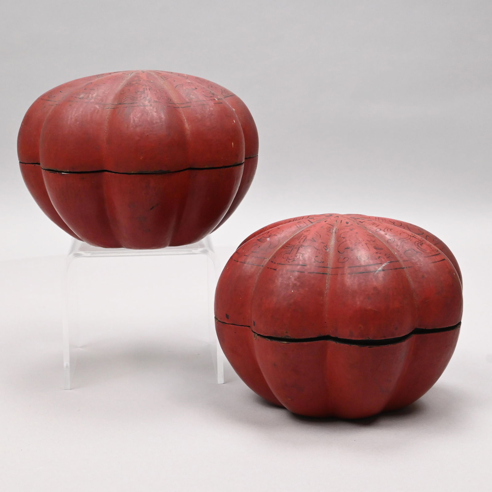 Pair of Chinese Red Lacquer Gourd-Form Boxes (1 of 13)