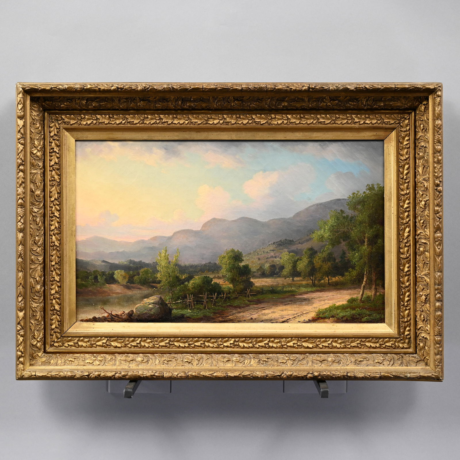 J.W.A.Scott-Moat Mountain Banks of Swift River, NH: John White Allen Scott (America, New Hampshire, 1815-1907). "Moat Mountain From the Banks of Swift River, New Hampshire." Oil on canvas, artist's conjoined initials "J.W.A.S." painted on the boulder l