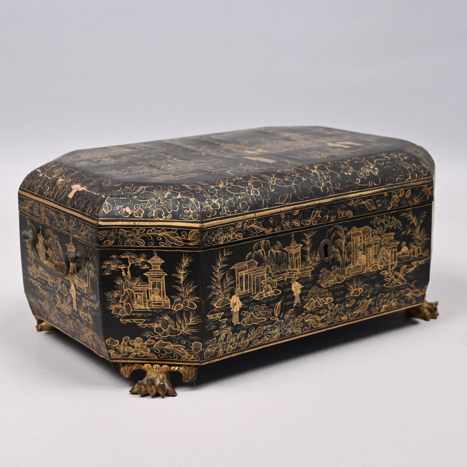 China Trade Gilt-Decorated Black Lacquer Tea Caddy (1 of 10)