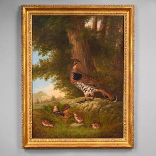 American School - Ruffed Grouse Family in a Wood: American School. Ruffed Grouse Family in a Wood, Nineteenth Century. In the manner of Arthur Fitzwilliam Tait, (32.125 x 24 inches). Frame: 36.875 in., W: 28.875 in., D: 2.25 in. Provenance: The