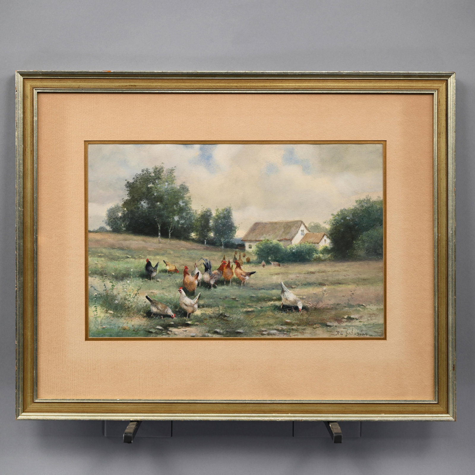 Reuben LeGrand Johnston - Flock of Chickens: Reuben LeGrand Johnston (American, 1850-19). Flock of Chickens in a Meadow. Watercolor, signed "R.L. Johnston" lower right, (11.5 x 17.625 inches, sight). Frame: H: 20.75 in., W: 26.125 in., D: 0.75 i