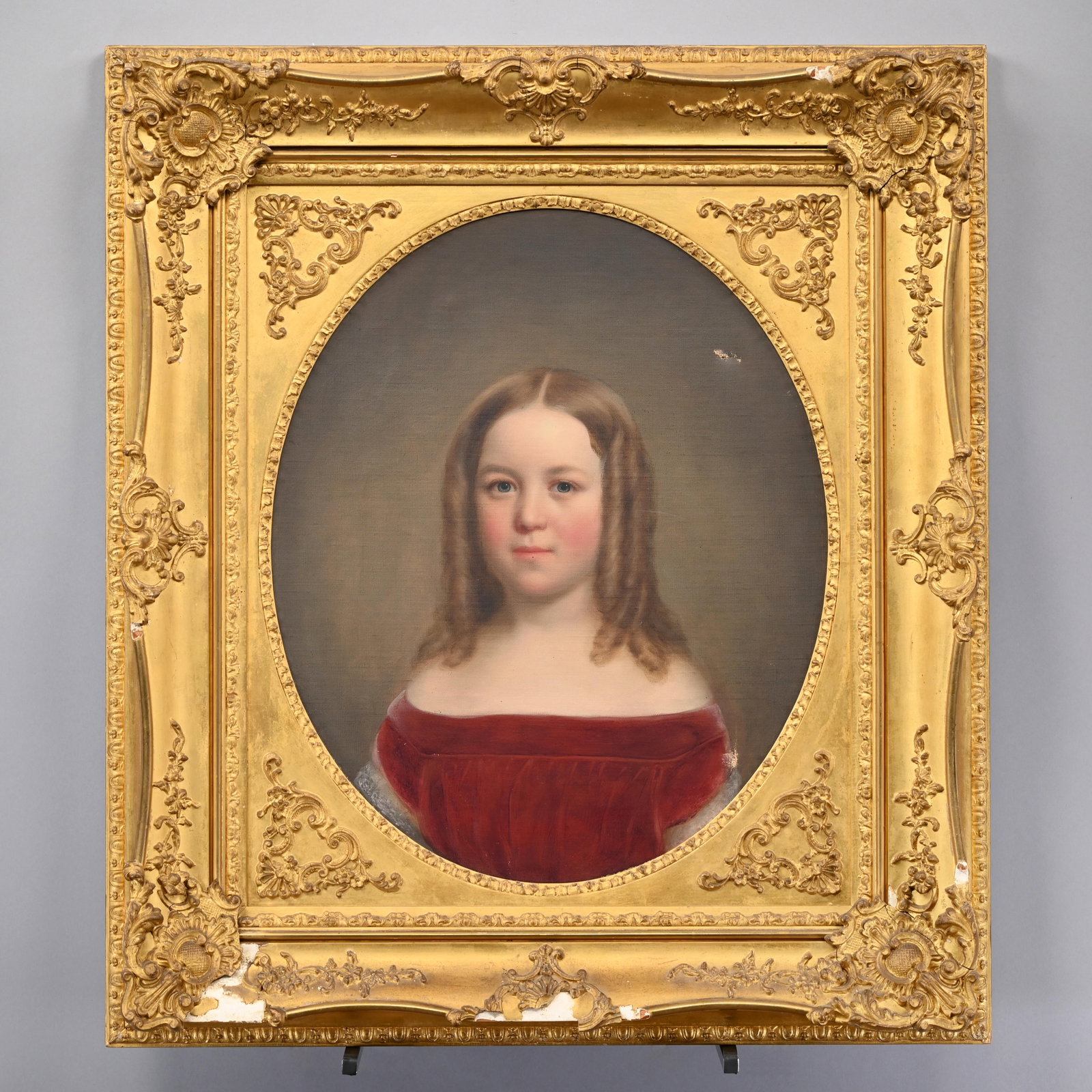 Charles Osgood - Portrait of Lucy Emma Brown: Charles Osgood (1809-1890, Salem and Boston, Massachusetts, New York, New York). Portrait of Lucy Emma Brown. Oil on canvas, (24.125 x 20 inches), incised on the back of the frame stretcher "Lucy Emma