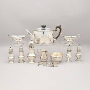 Group of English Sterling Silver Wares: Group of English Sterling Silver Wares. Comprising a George III teapot with treen handle and knop, Andrew Fogelberg & Stephen Gilbert, London, 1787; a caster, Samuel Wood, London, circa 1740 ( worn da