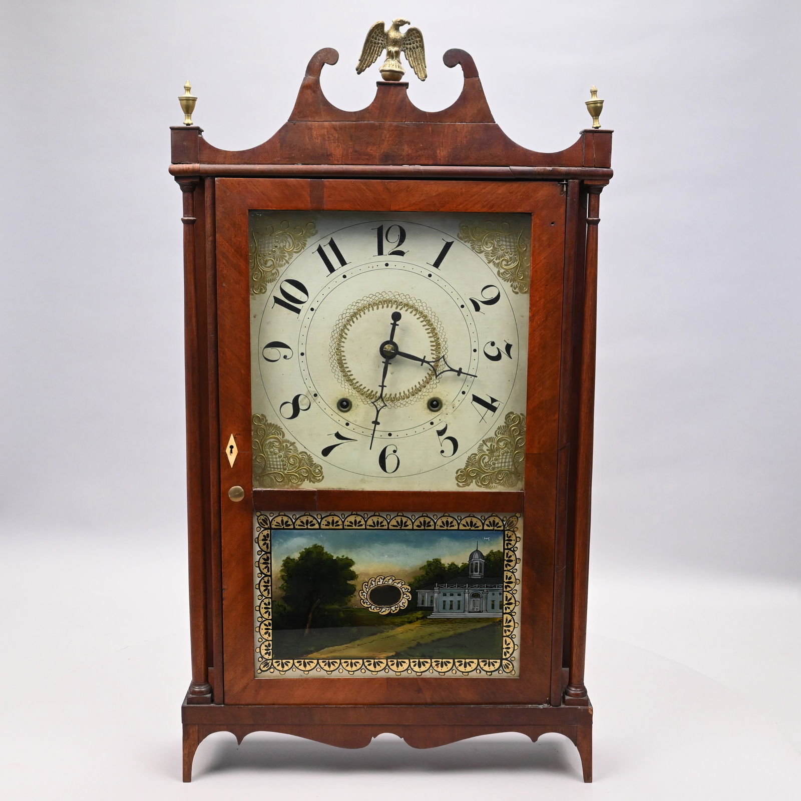 Eli Terry Mahogany, Eglomise Pillar & Scroll Clock (1 of 10)
