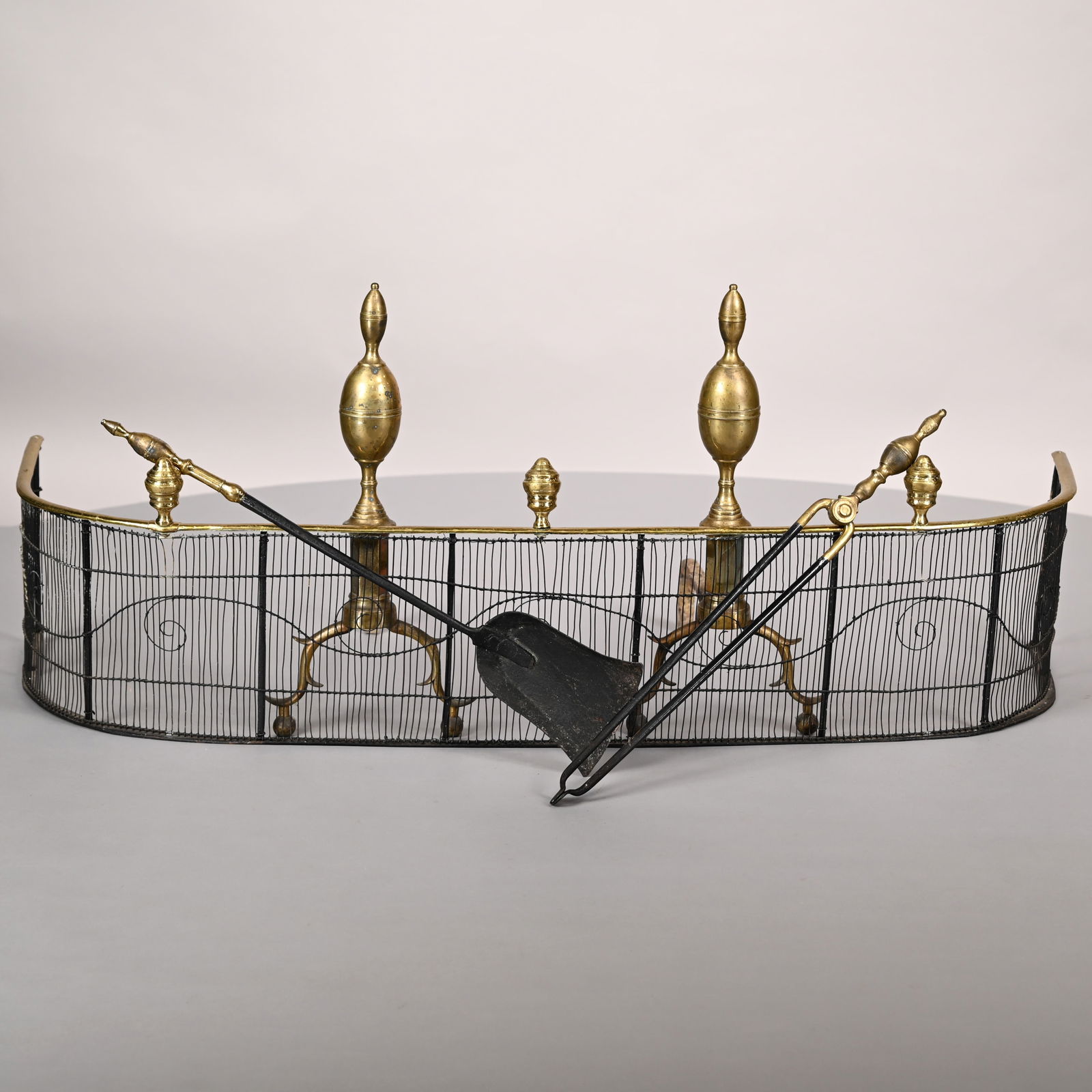 Pair of Federal Brass Andirons, Screen & Two Tools (1 of 11)
