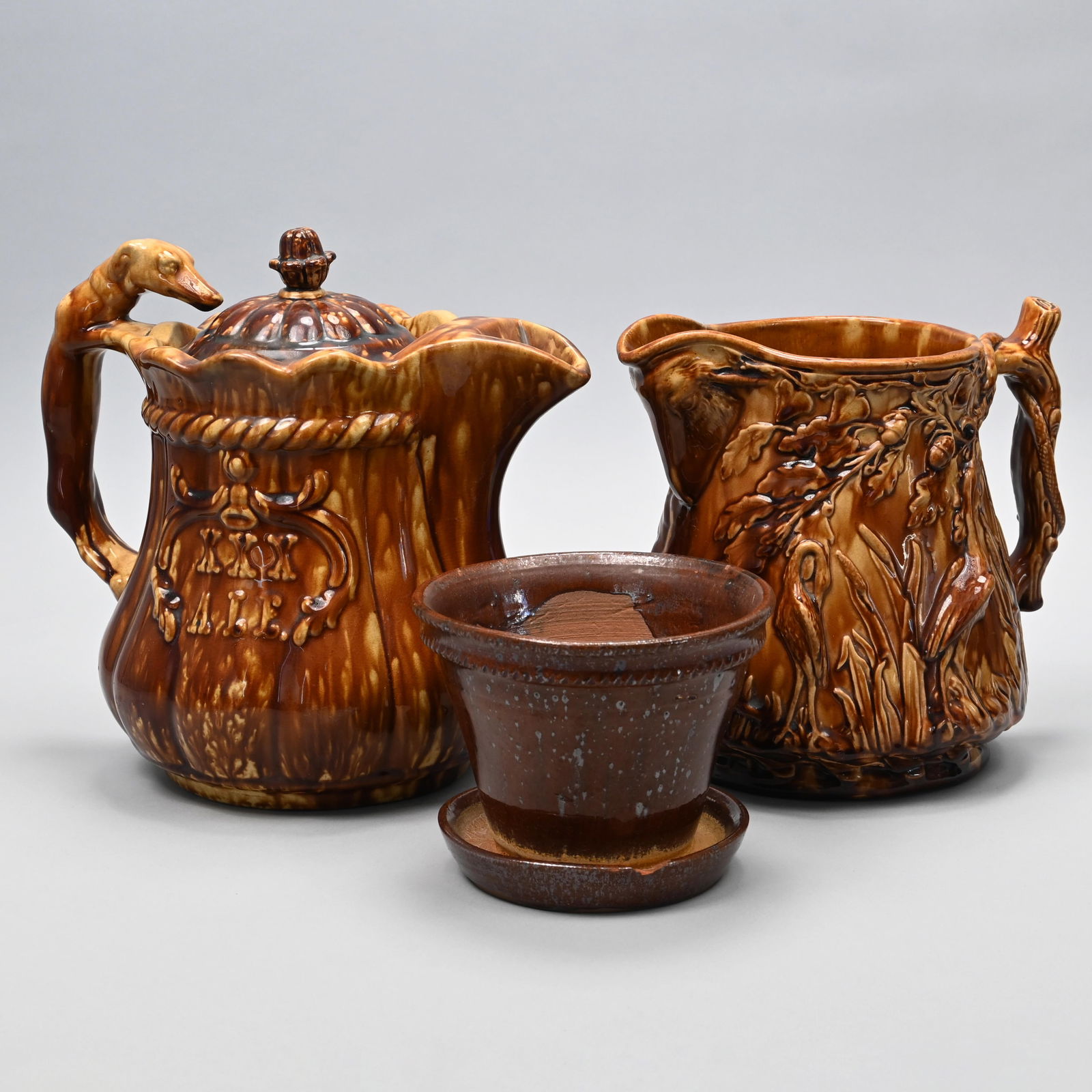 Two Rockingham-Glazed Pitchers & Redware Flowerpot (1 of 18)