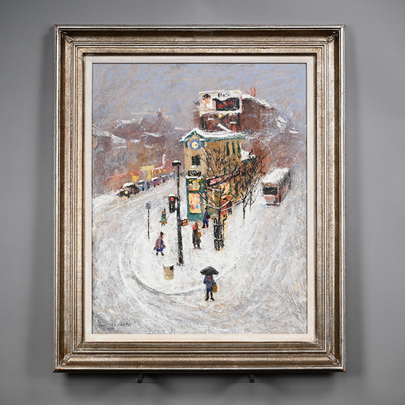 Jon S. Legere - Portland Street Scene, 1982: Jon S. Legere (American, Portland, Maine, 1944-1996). Portland Street Scene. Oil on Masonite, signed and dated "Jon Legere 1982" lower right, (29.5 x 23.375 inches). Frame: H: 37.75 in., W: 31.75 in.,