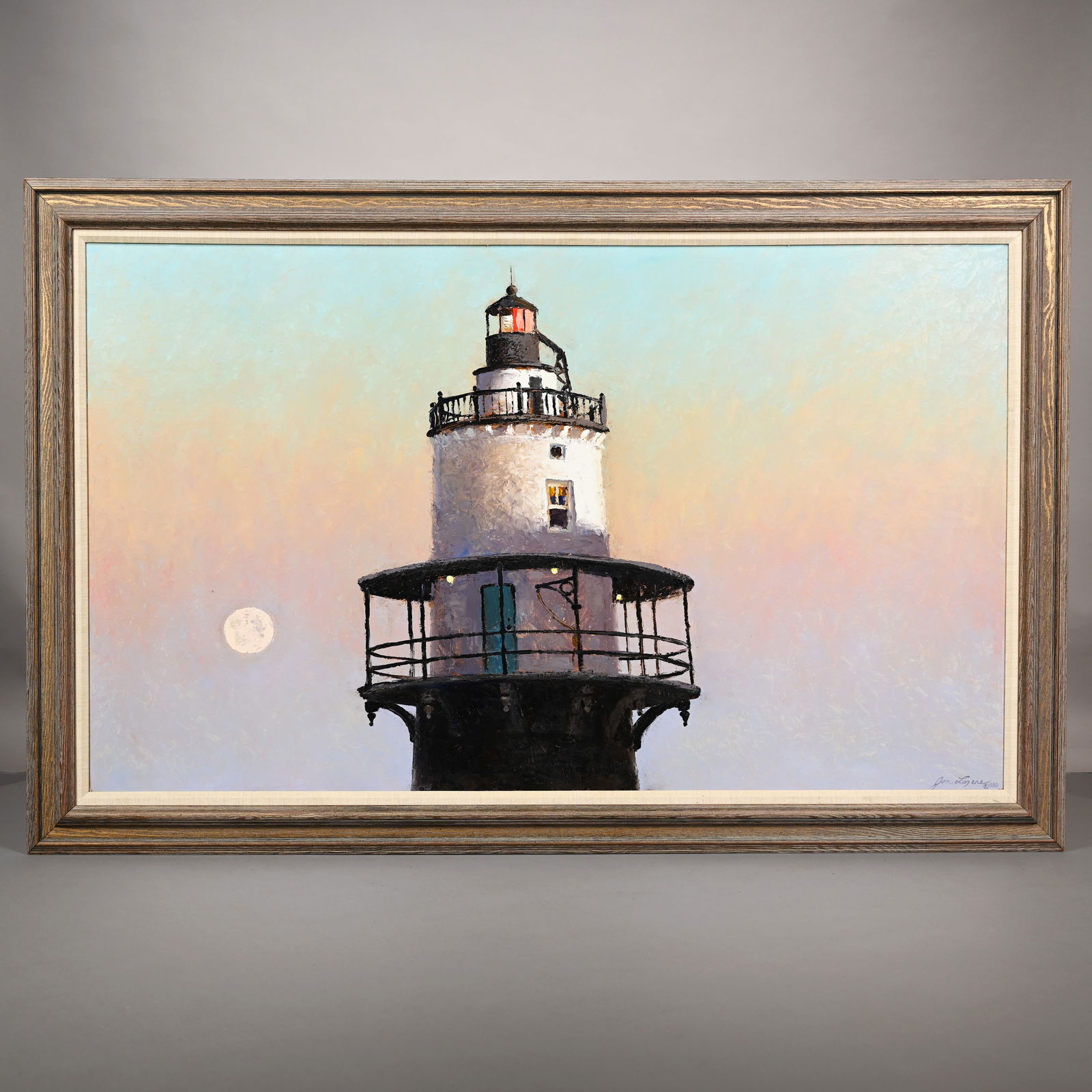 Jon S. Legere - Moonlit Lighthouse, 1980: Jon S. Legere (American, Portland, Maine, 1944-1996). Moonlit Lighthouse, 1980. Oil on Masonite, signed and dated "Jon Legere (c) 80" lower right, (32.25 x 59.625 inches). Frame: H: 43.25 in., W: 68 i