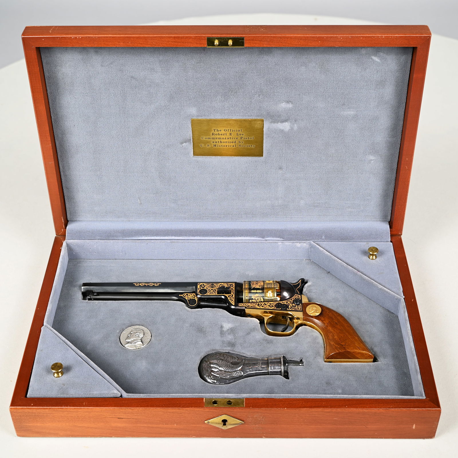 Cased U.S. Historical Society 1851 Robert E. Lee: Cased U.S. Historical Society Robert E. Lee Commemorative Model 1851 Navy Revolver, Cal. .36, Serial #725, manufactured in 1984 with a limited production of 2,500 units. The blued 7.5 inch octagonal b