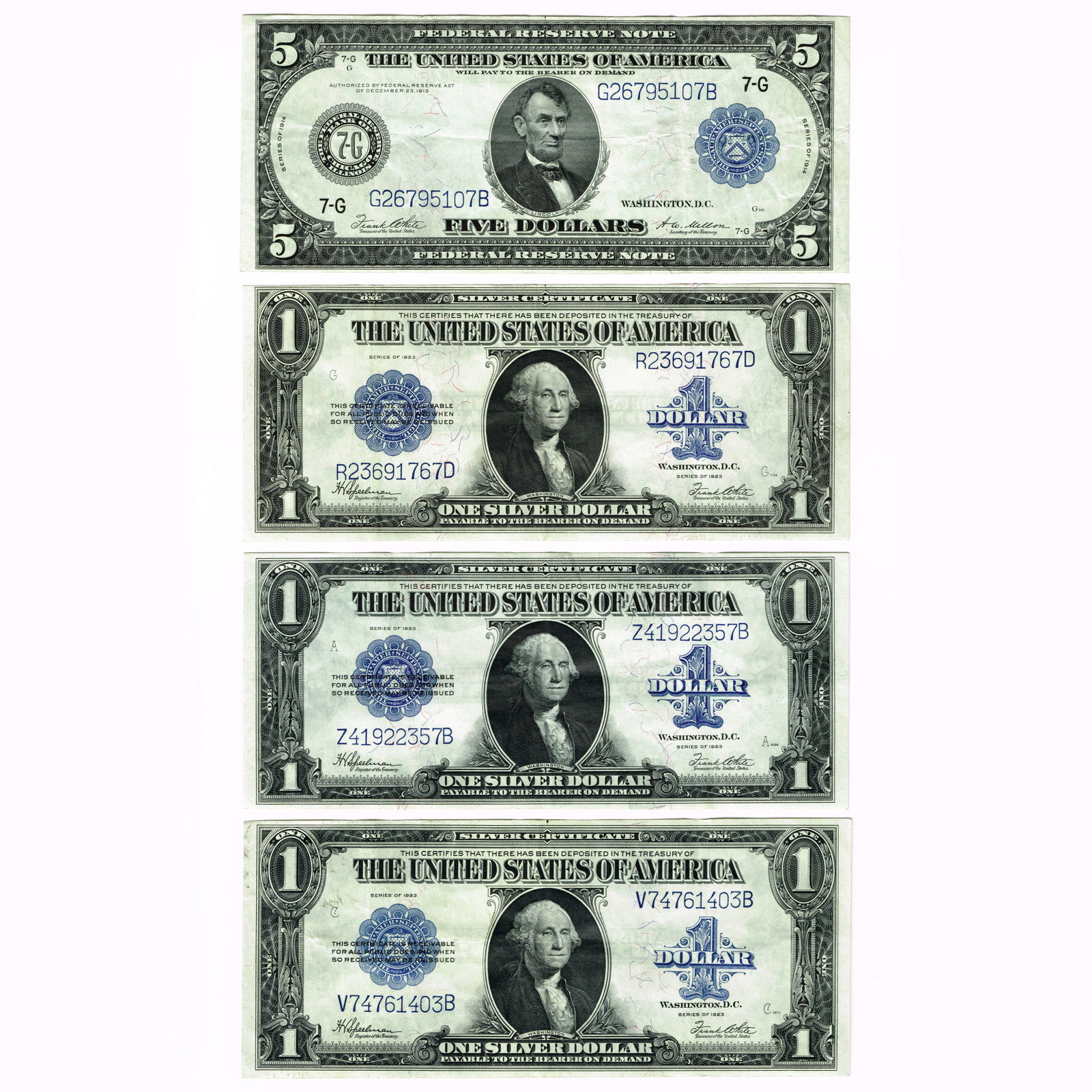 1914 $5 Fed Reserve Note & 3 1923 $1 Silver Certs. (1 of 2)