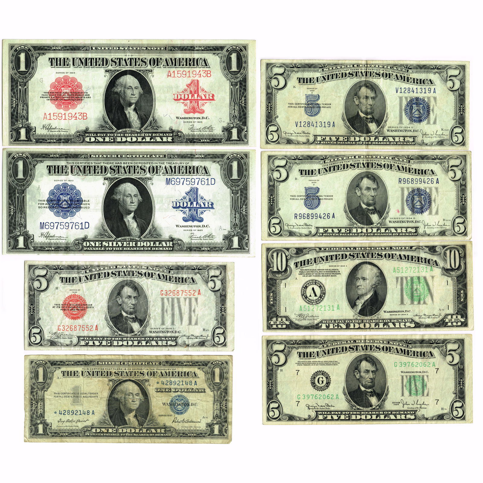 Lot of Eight US Currency Notes, 1923 through 1957 (1 of 2)