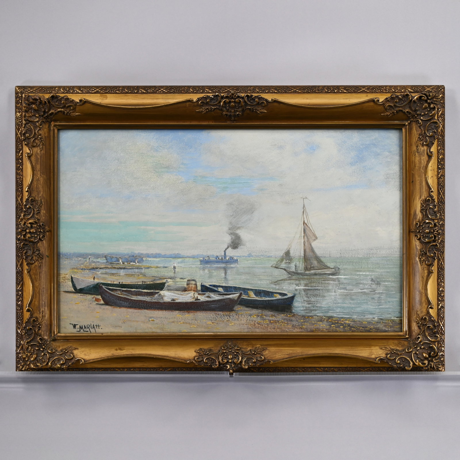 Wilson Marlatt-Canoes on the Shore of a Busy Inlet: Wilson Marlatt (Woodhull, New York, 1837 - Rochester, New York, 1911). Canoes on the Shore of a Busy Inlet. Gouache and watercolor, signed "W. MARLATT." lower left, (11.625 in., W: 19.625 inches, sigh