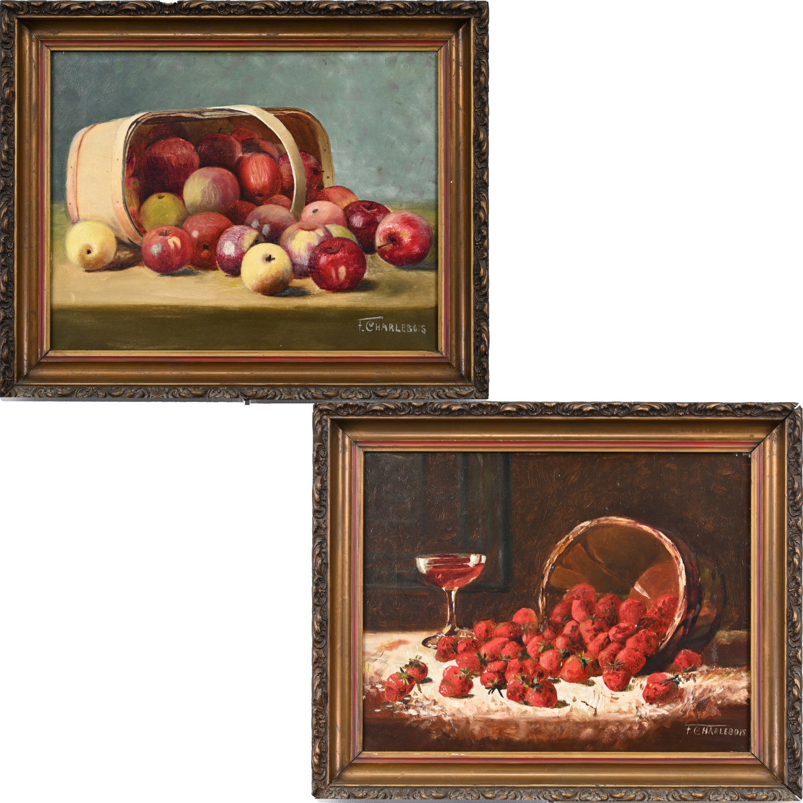 F. Charlebois - Two Still Lifes: F. Charlebois. Two Still Lifes, Nineteenth Century. Each oil on canvas, the first depicting a glass of wine beside an overturned basket of strawberries, the second an overturned basket of apples, (14 