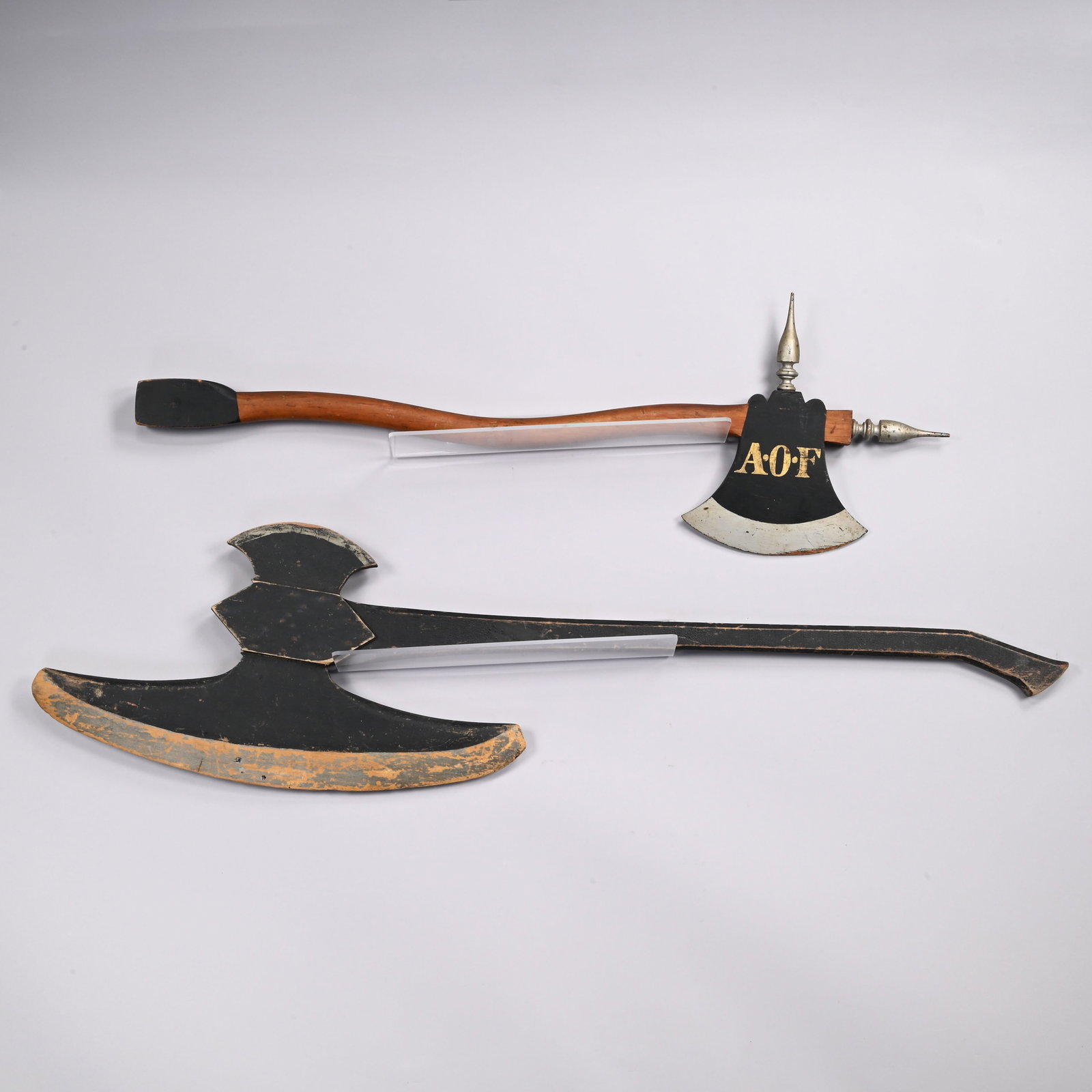 Ceremonial Wood Lodge Axe & Battle Axe Trade Sign: Ceremonial Painted, Gilt and Silvered Wood Lodge Axe for the Ancient Order of Freesmiths, and a Battle Axe Trade Sign. The lodge axe inscribed on one side with the lodge name and number "COURT HYDRAUL