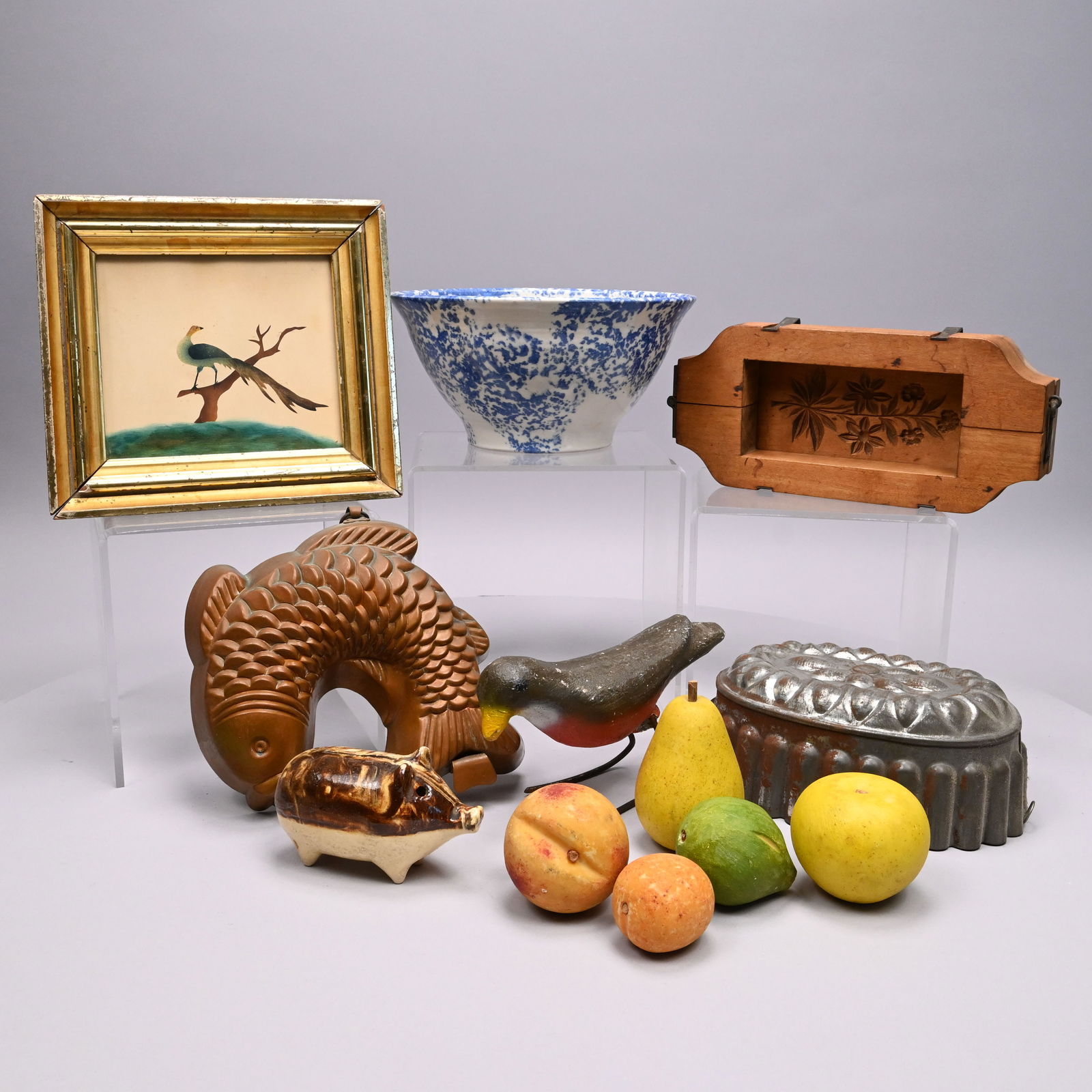 Group of American & English Decorative Objects: Group of American and English Decorative Objects, Nineteenth and Twentieth Century. Comprising a wooden hinged cake mold carved with a flowering leafy stem, a tin fluted flowerhead food mold, a copper