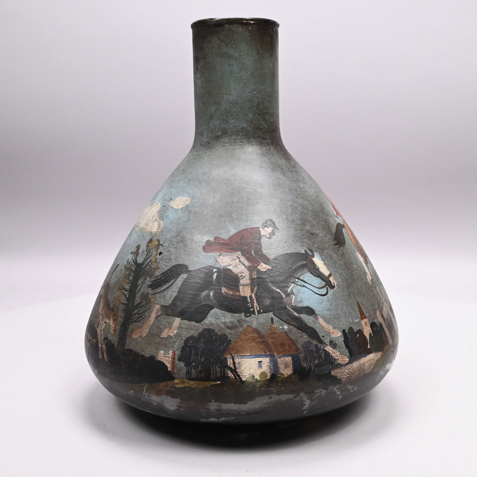 Handpainted Glass Vase Depicting a Foxhunt (1 of 6)