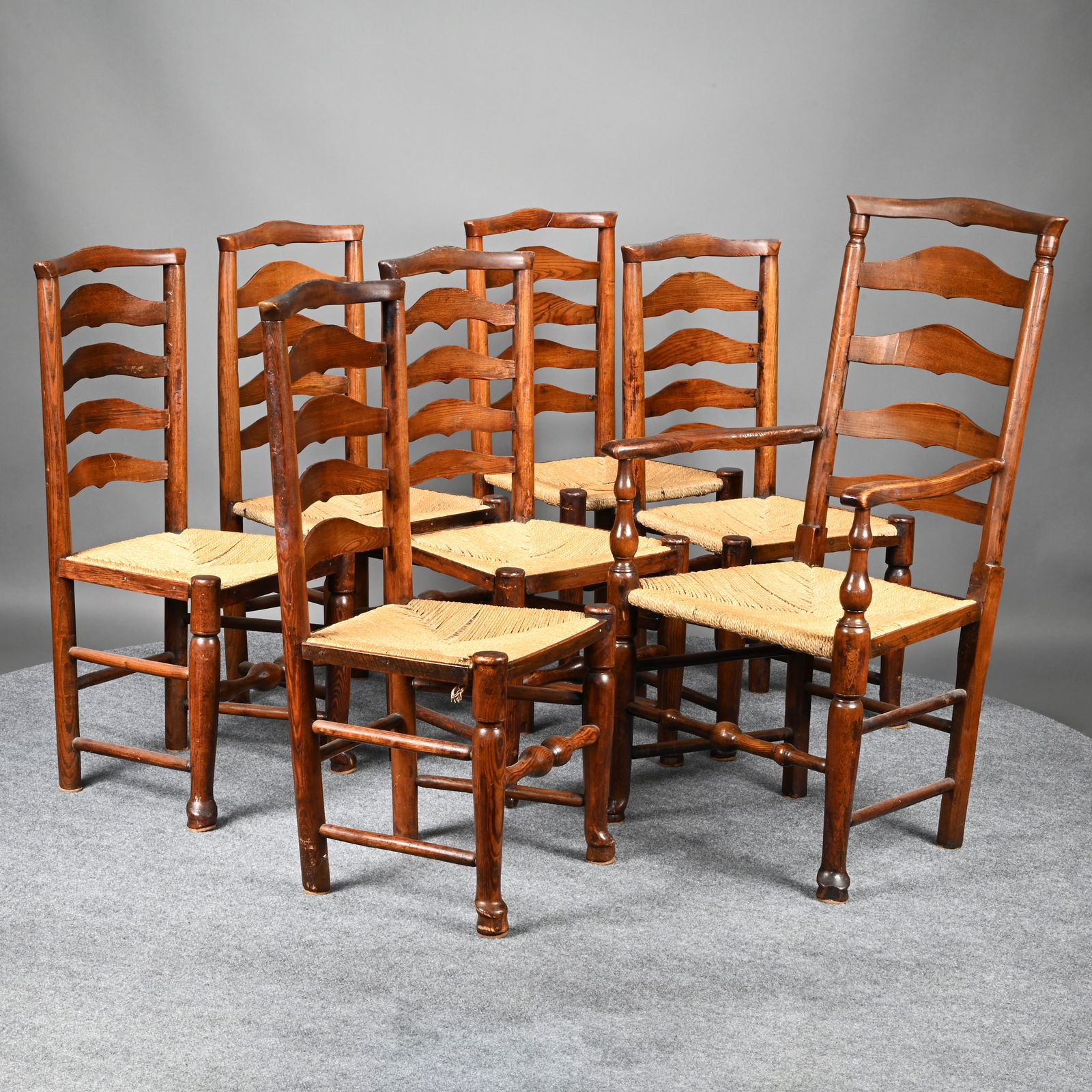 Set of Seven English Country Elm Dining Chairs (1 of 9)