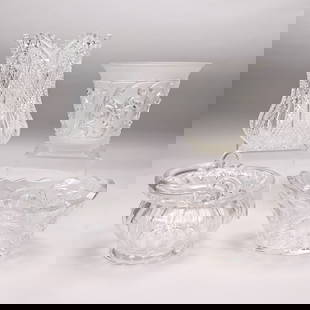 Four Cut and Molded Colorless Glass Vases: Four Swedish and American Cut and Molded Colorless Glass Vases and Bowls, Late Nineteenth - Twentieth Century. Comprising an Edvin Ollers (Swedish, 1888 - 1959) for Elme Glasbruk pressed glass vase, S